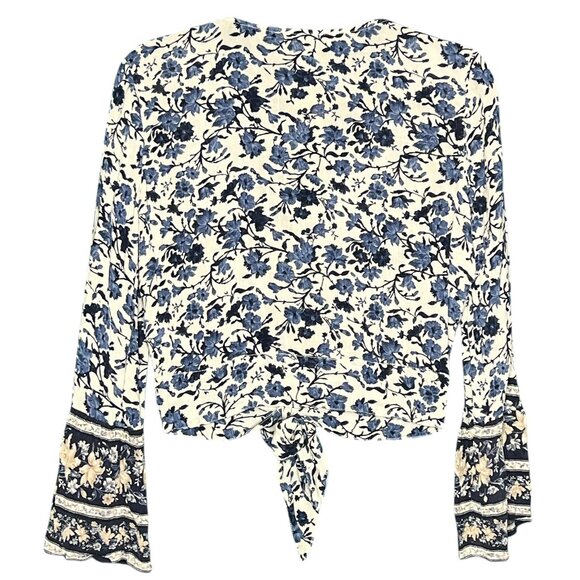 American Eagle NEW Blue White Boho Floral Bell Sleeve Cottagecore Tie Top S - Picture 3 of 8